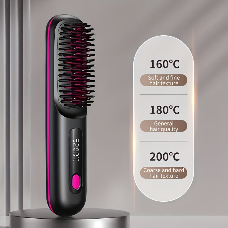 Portable Wireless Hair Straightener Comb USB Rechargeable 3-Speed Temperature Control Negative Ion LED Display Travel Hair Straightener Brush with Comb and Clip