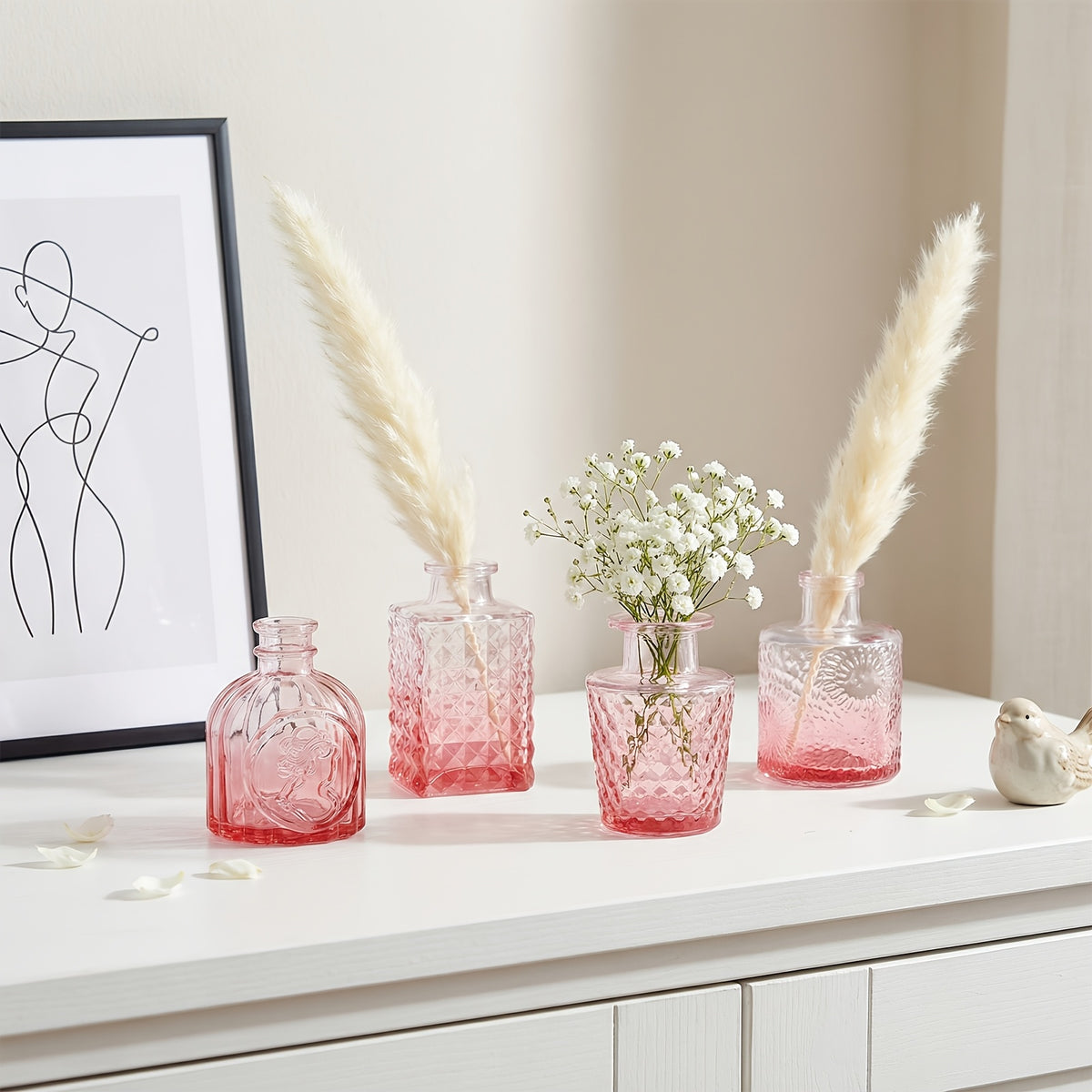 Pink Teardrop Glass Bud Vases 12/36pcs – Vintage Carved Glass Flower Vases for Wedding Decoration, Bridal Shower, Home Table Flower Arrangements & Party Favors