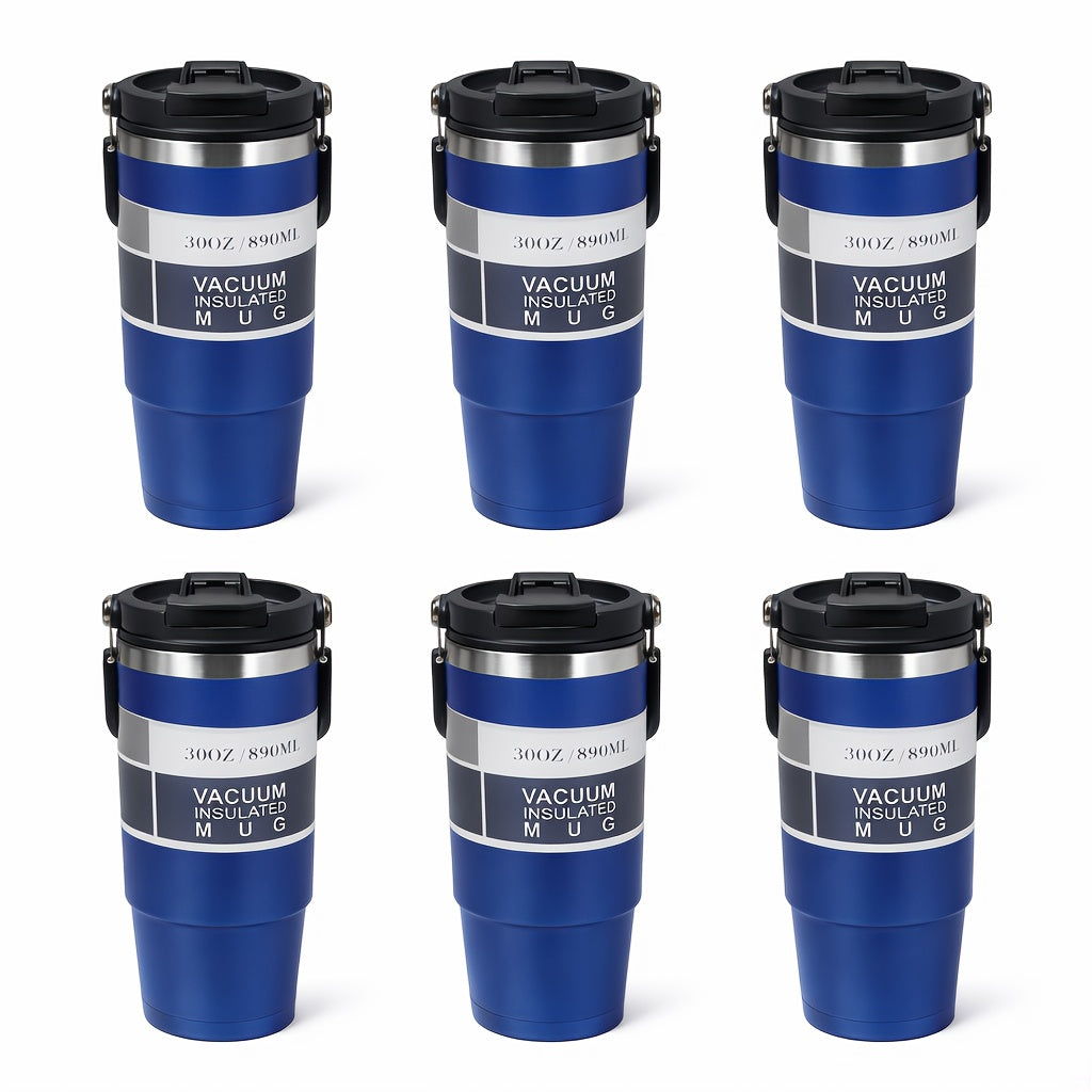 30oz Stainless Steel Insulated Tumbler 6-Pack with Handle, Lid & Straw – Double Wall Vacuum Travel Cups, Colorful Gift Set for Coffee, Cold Drinks & Daily Use | Black, Red, White & More