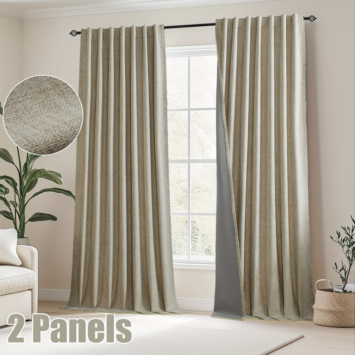 Faux Linen Blackout Curtains 2 Panels for Bedroom & Living Room – 100% Blackout, Back Tab & Rod Pocket, Thermal Insulated Farmhouse Drapes