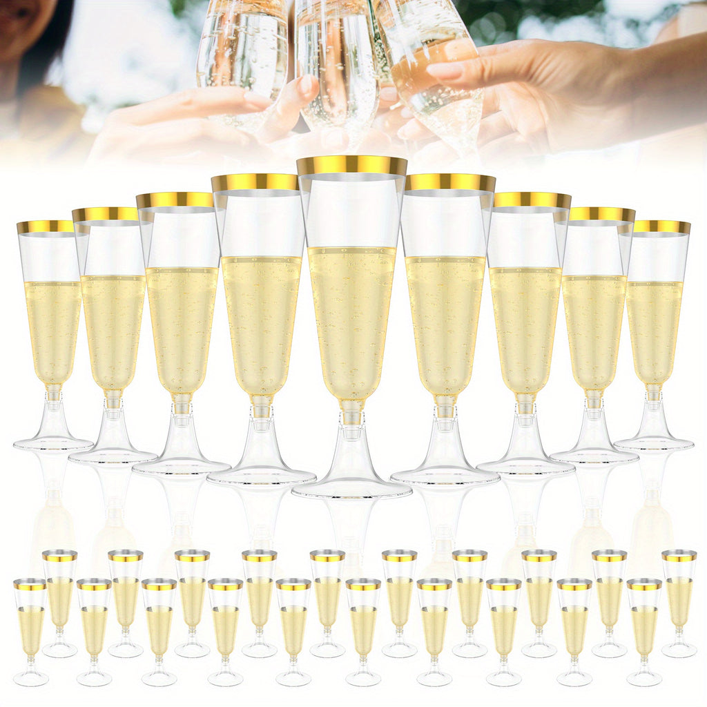 Plastic Champagne Flutes 50 Pack Gold Rim Shatterproof Reusable Wedding Party Glasses 5oz Clear PP Toasting Flute Set for Weddings Parties Buffets