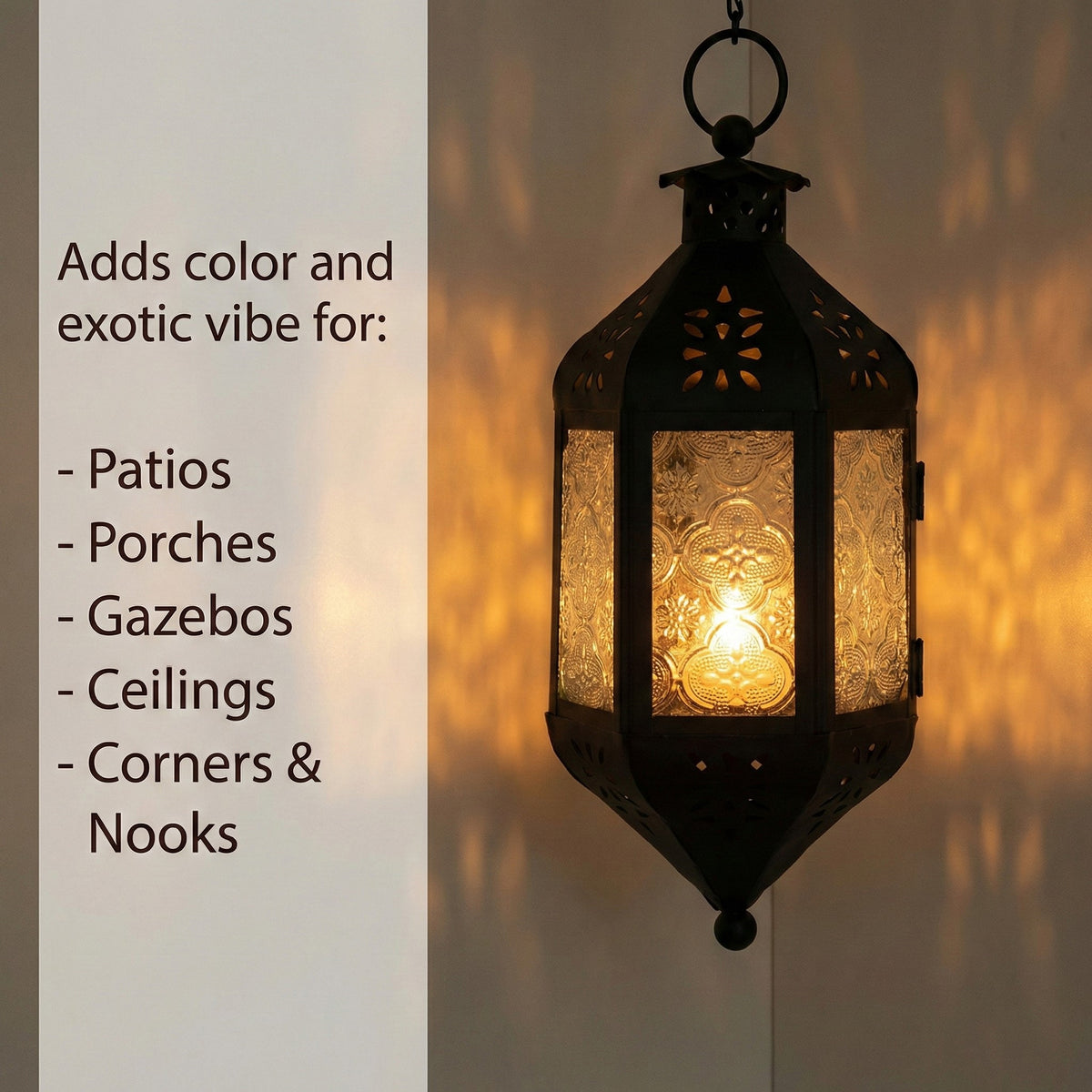 Moroccan Hanging Candle Lantern with Chain – Vintage Boho Style Iron & Glass Tealight Holder for Home, Patio, Garden, Wedding & Ramadan Decor (23.5" Overall)