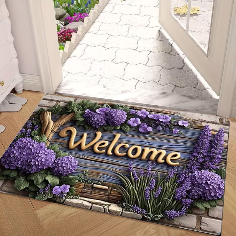 Floral Doormat Indoor Non-Slip Hydrangea Lavender Print Flannel Welcome Mat Easy Clean for Entrance Bedroom Living Room Holiday Decor 3 Sizes
