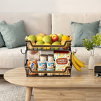 Tiered Metal Fruit Basket with Banana Hook & Wooden Handle – 2 & 3 Tier Countertop Produce Organizer for Kitchen | Removable Tiers | Bread, Vegetable & Fruit Storage