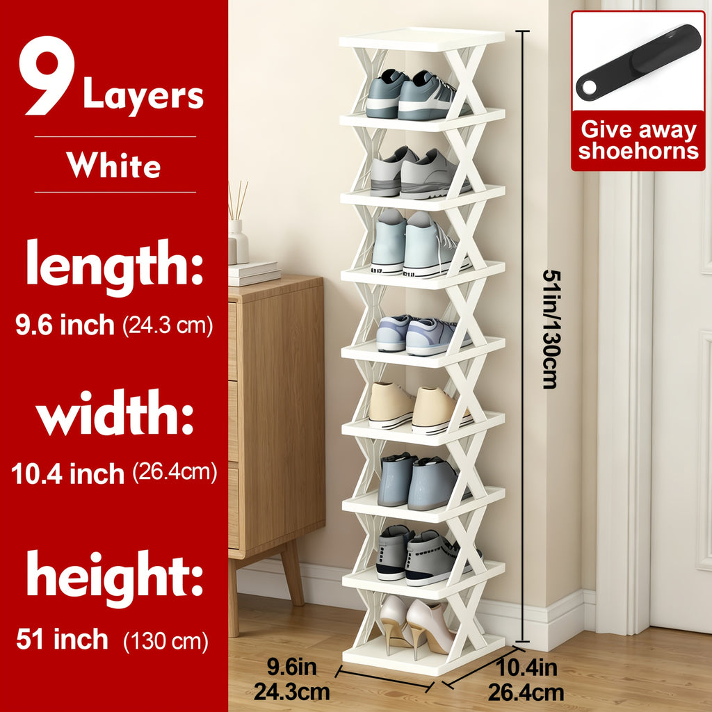 Stackable Shoe Rack Organizer 6 or 9 Tier – Plastic Vertical Shoe Shelf for Entryway, Hallway, Bedroom & Closet, Holds 6–9 Pairs, Easy Assembly, Black or White