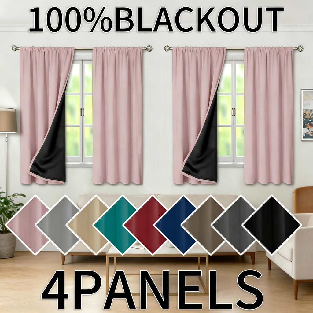 Blackout Curtains Rod Pocket 4-Panel Solid Color Lightweight Matte Drapes | 100% Light Blocking Window Curtains for Bedroom Living Room, 9 Colors 5 Sizes