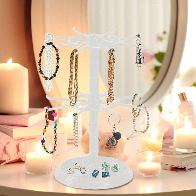 Rotating Jewelry Stand 2-Tier Black Plastic Necklace Bracelet Earring Keychain Hanging Organizer Display Rack for Dressing Table Counter – 360° Spinning Tabletop Jewelry Tower Holder