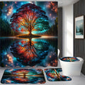 Tree of Life Shower Curtain Set 4 Piece – Includes Shower Curtain with 12 Hooks, Non-Slip Bath Mat, U-Shape Toilet Mat & Lid Cover – Boho Bathroom Decor