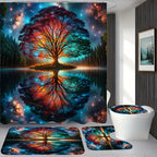 Tree of Life Shower Curtain Set 4 Piece – Includes Shower Curtain with 12 Hooks, Non-Slip Bath Mat, U-Shape Toilet Mat & Lid Cover – Boho Bathroom Decor