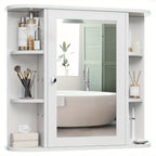 Wall Mounted Bathroom Medicine Cabinet with Mirror and 6 Open Side Shelves - White Wall Cabinet with Mirror for Bathroom Storage, Modern Medicine Cabinet Over Toilet or Vanity