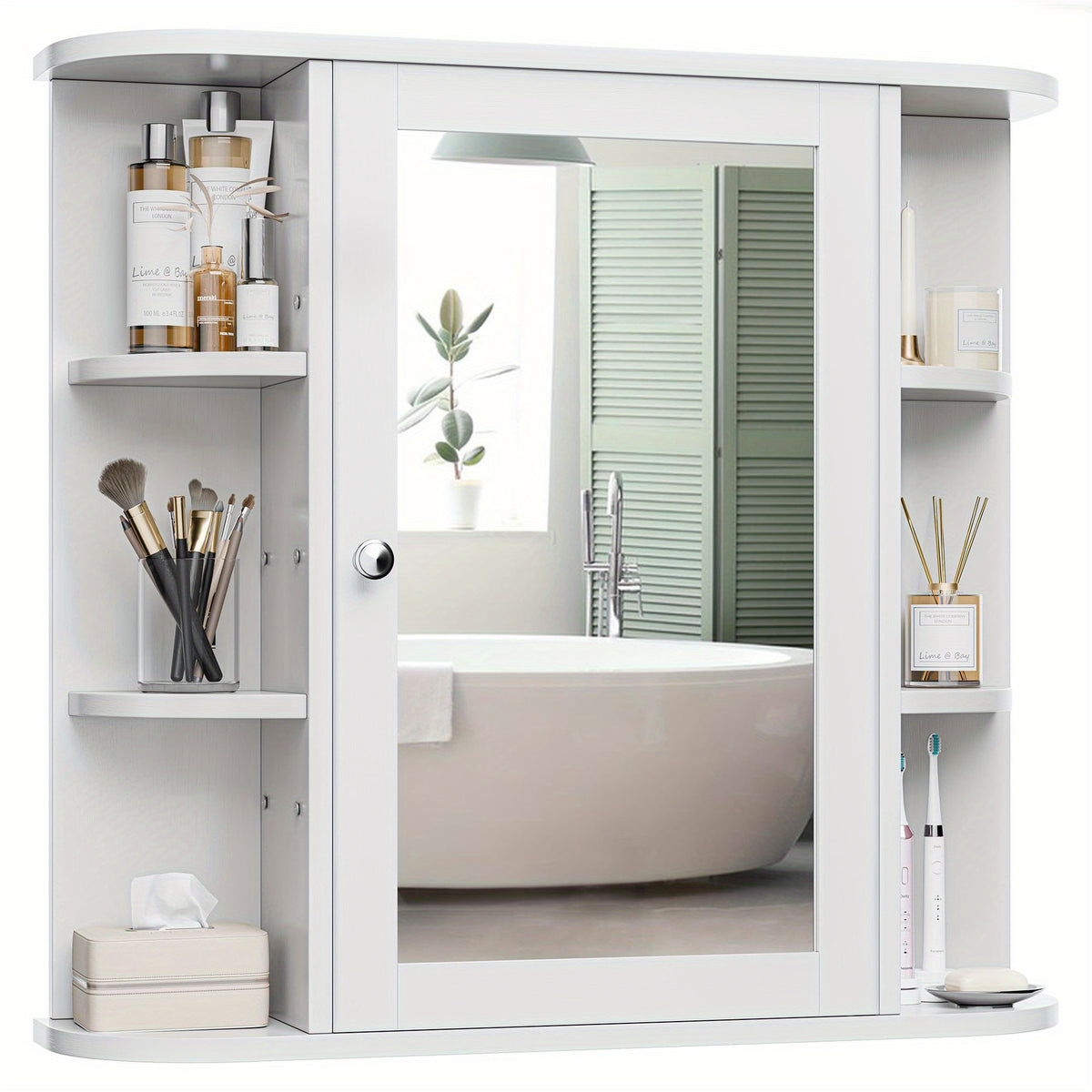 Wall Mounted Bathroom Medicine Cabinet with Mirror and 6 Open Side Shelves - White Wall Cabinet with Mirror for Bathroom Storage, Modern Medicine Cabinet Over Toilet or Vanity