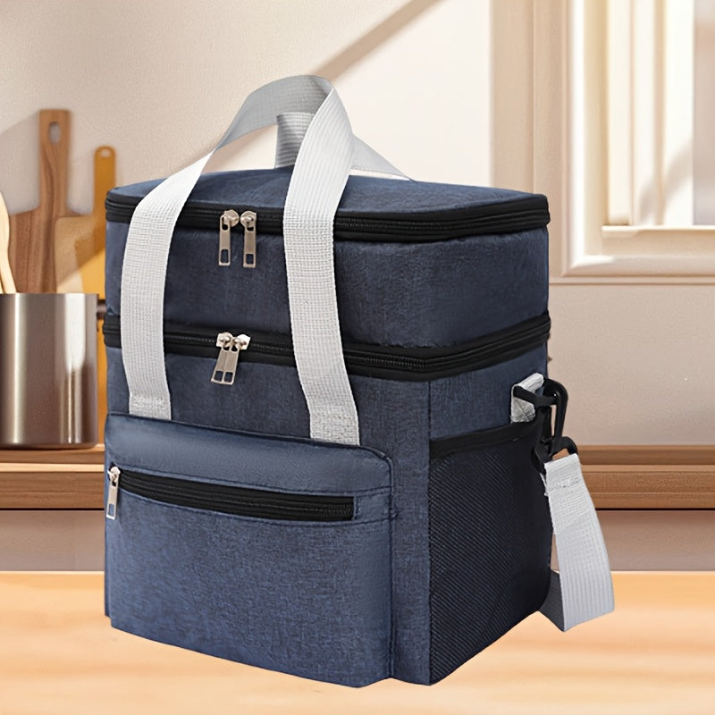 Large Capacity Insulated Lunch Bag with Shoulder Strap Double Pocket Thickened Cooler Tote for Work School Picnic Beach Men Women Black Grey Burgundy
