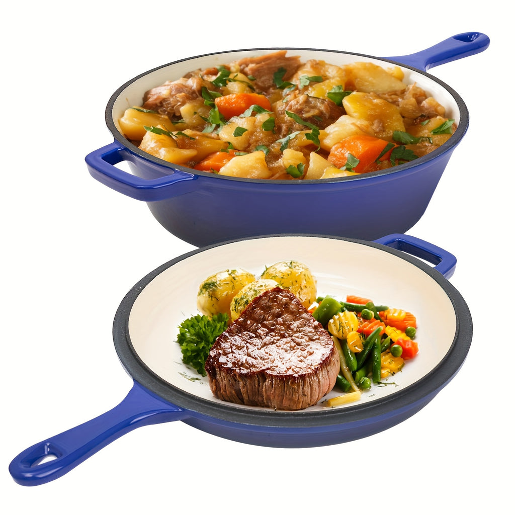 2-in-1 Enameled Cast Iron Dutch Oven Set – 3QT Pot + 1.5QT Skillet Lid, 3 Colors, Indoor Outdoor Frying Baking Stewing Grilling