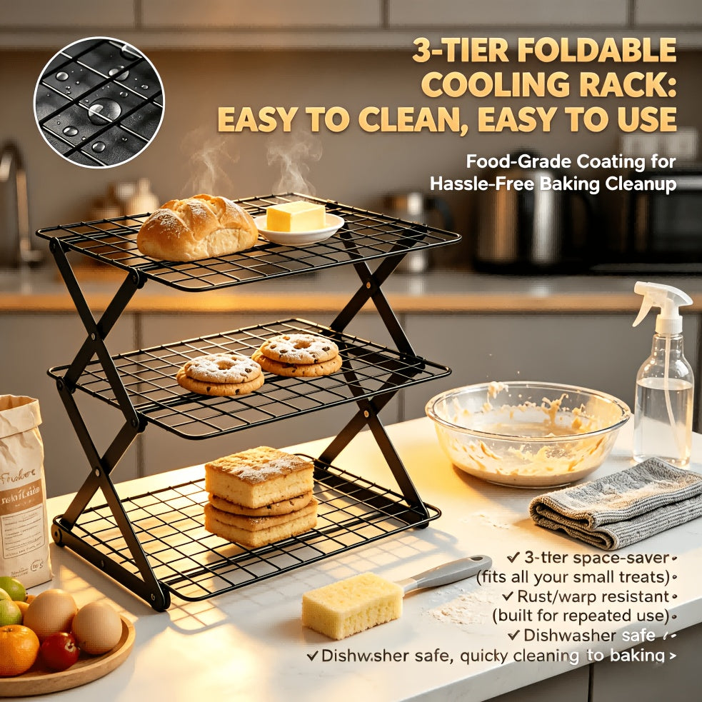 Foldable Cooling Rack 3-Layer Metal Wire Baking & Grilling Rack – Stackable Cake Cooling Tray for Baking, Roasting, Outdoor Picnic & Camping Grill