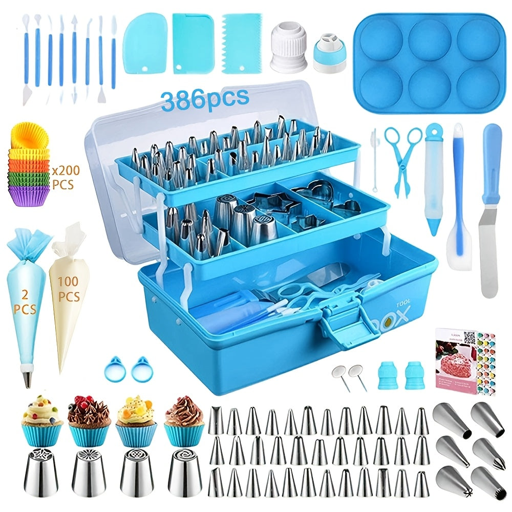 Cake Decorating Kit 236 & 386 Piece Piping Tips Set Stainless Steel Frosting Nozzles with Russian Tips Pastry Bags - Complete Baking Decorating Tools for Beginners