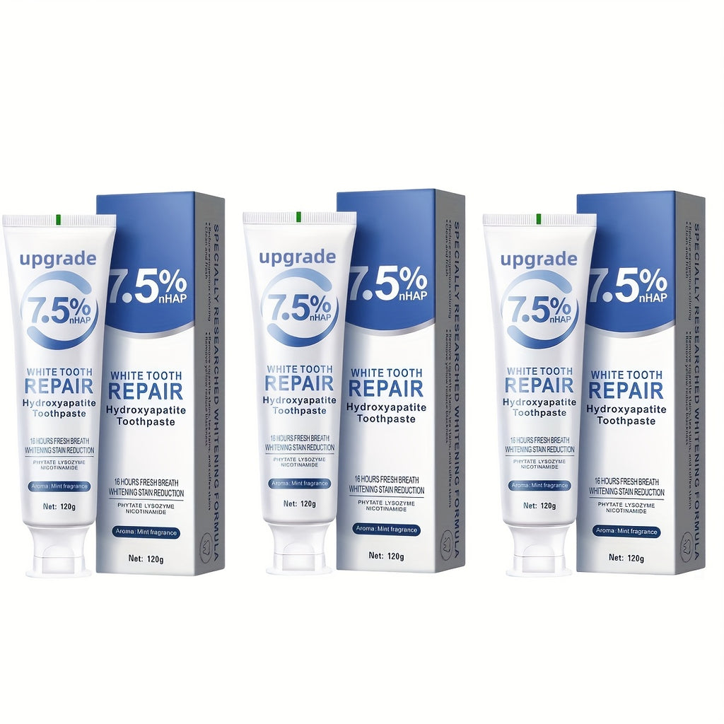 Hydroxyapatite Toothpaste 3 Pack 7.5% Nano Formula with Toothbrush Whitens Teeth Freshens Breath Travel Home Oral Care - Gift for Women