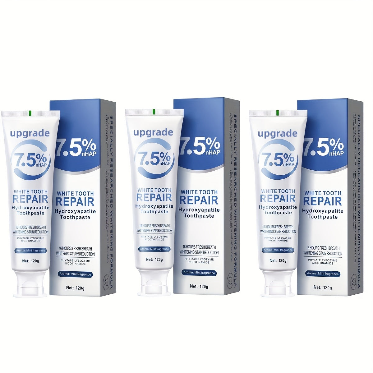 Hydroxyapatite Toothpaste 3 Pack 7.5% Nano Formula with Toothbrush Whitens Teeth Freshens Breath Travel Home Oral Care - Gift for Women