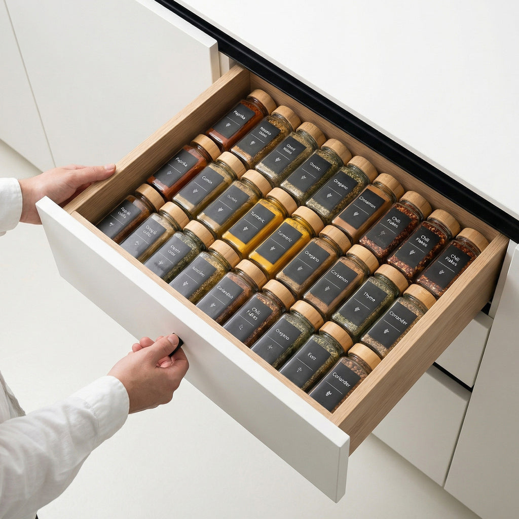 Glass Spice Jars Set with Acacia Wood Lids - 4oz Square Spice Bottles with Shaker Lids, Labels & Grinders for Kitchen Spice Storage and Organization