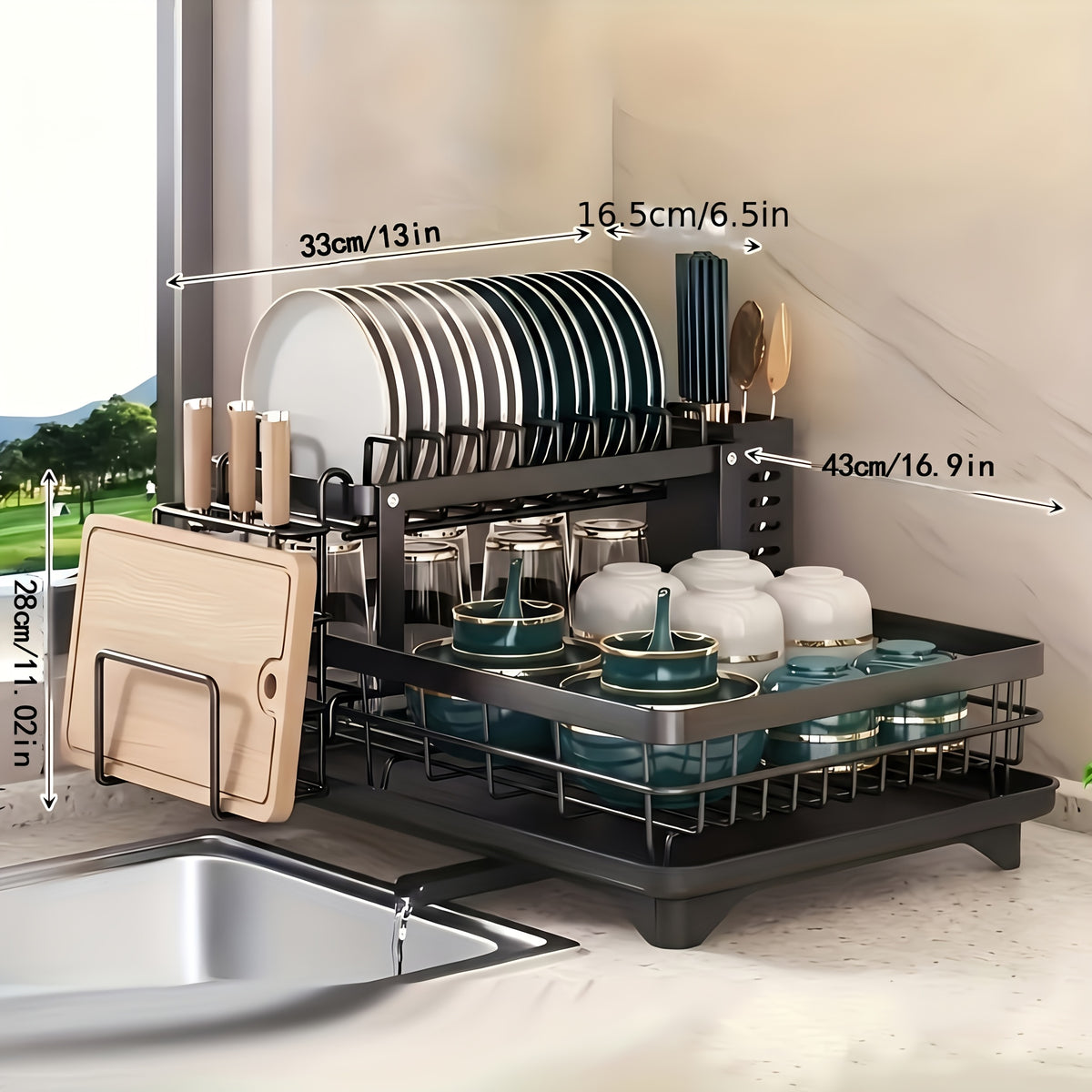 2-Tier Dish Drying Rack with Drainboard - Large Capacity Kitchen Counter Dish Drainer with Utensil Holder - Space-Saving Dish Rack for Kitchen Sink and Counter