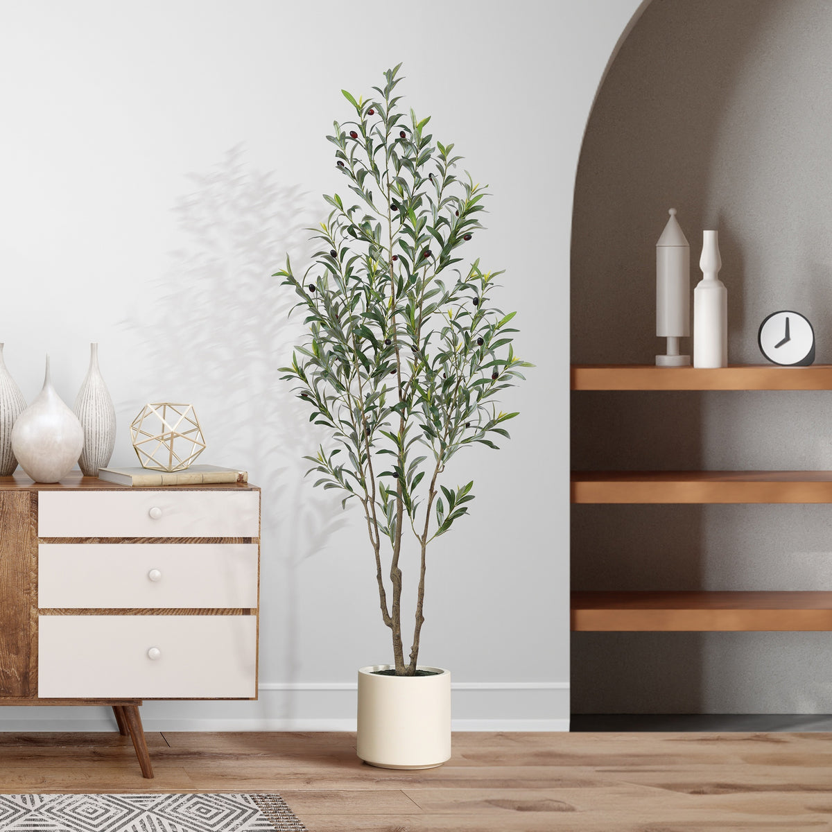 Faux Olive Tree in White Pot – 5/6/7 Ft Multi-Trunk Tall Artificial Olive Plant with 450/630/810 Lifelike Leaves & Fruits, Perfect for Indoor Outdoor Living Room Home Office Holiday Decor