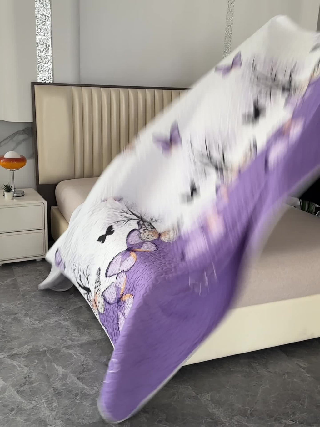 Butterfly Floral Quilted Bedspread Set 3 Piece – Embellished Polyester Coverlet with Floral Butterfly Pattern, Machine Washable All-Season Bedding, Polyester Fill, Queen & King Size, Purple