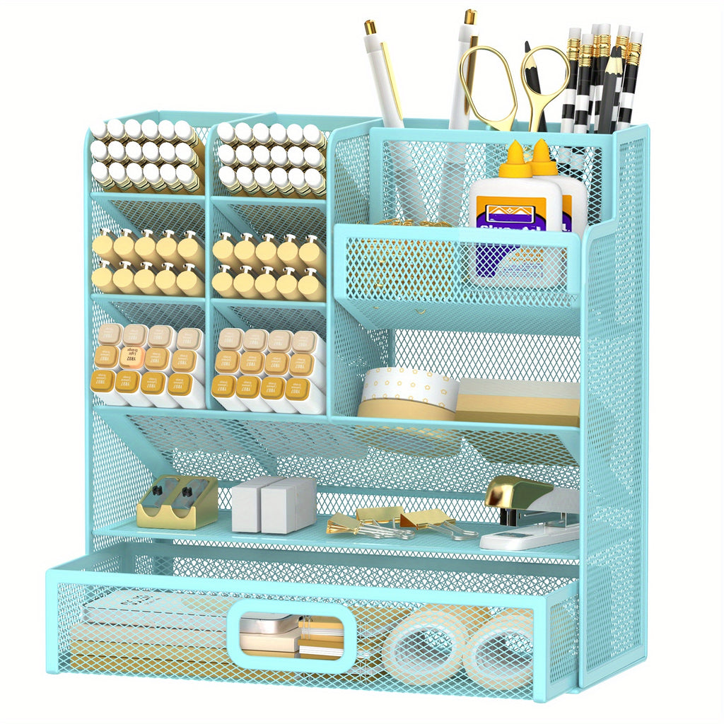 Mesh Desk Organizer with Drawer & Pen Holder – Multifunctional Desktop Organizer for Office Art Supplies, Accessories Storage, Desk Caddy for Home Office School Workspace