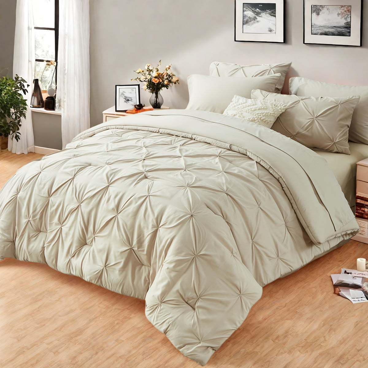 Luxury Pleated Comforter Set 5/7 Pcs – Soft Plush Fiber Fill, Quilted Comforter, Fitted Sheet, Flat Sheet, Pillowcases & Shams, Twin Full Queen King Year-Round Bedding