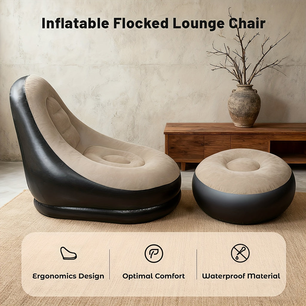 Inflatable Lounge Chair Recliner with Footrest & Foot Pump – Portable Air Sofa Couch for Living Room, Camping, Travel & Balcony, Space-Saving Indoor Outdoor Lounger (6 Colors)
