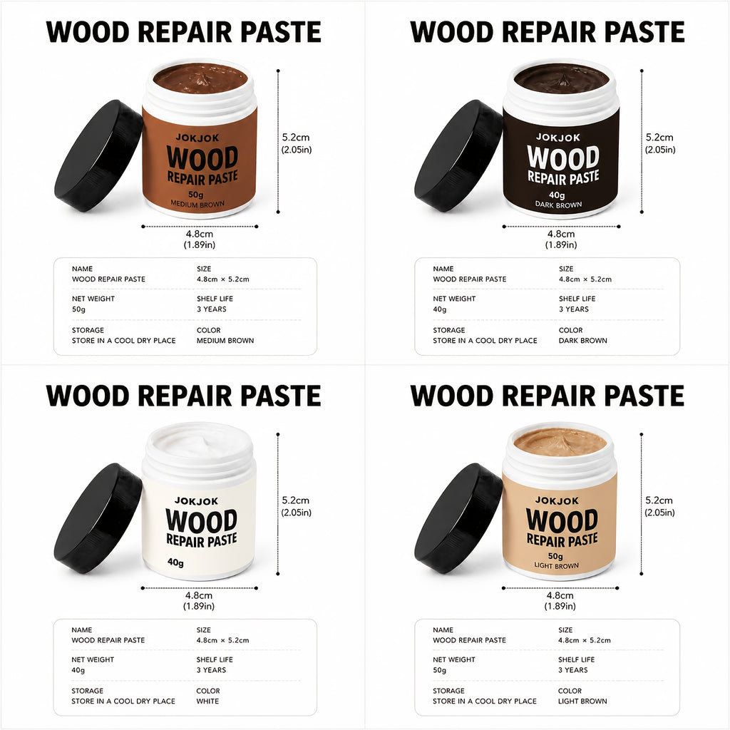 Wood Touch-Up Repair Paste with Brush – 4 Colors White, Light, Medium & Dark Brown for Scratches, Chips, Dents & Faded Wood on Floors, Cabinets, Doors, Tables & Chairs