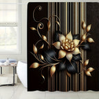 Black Gold Floral Shower Curtain Set 4 Piece with Hooks Anti-Slip Bath Rug Toilet Lid Cover & U-Shaped Mat – 71x71 Inch Luxury Bathroom Decor