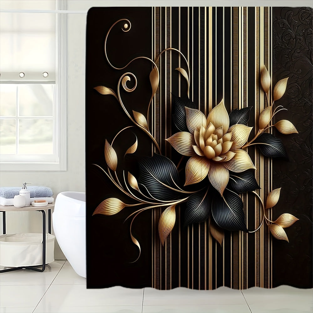Black Gold Floral Shower Curtain Set 4 Piece with Hooks Anti-Slip Bath Rug Toilet Lid Cover & U-Shaped Mat – 71x71 Inch Luxury Bathroom Decor