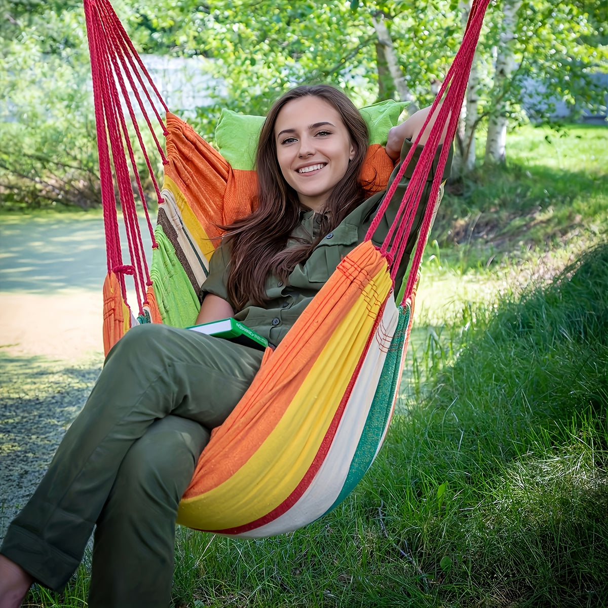 Hammock Chair Outdoor Swing Leisure Chair with Hanging Ropes Storage Bag Optional Pillow Garden Terrace Camping Orange Red Teal Black Gray