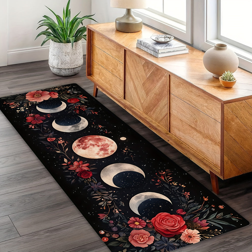 Bohemian Moon Phase Floral Kitchen Rug – Non-Slip Washable Rectangle Area Mat for Bedroom, Living Room, Entryway, Laundry Room & Hardwood Floors, Boho Home Decor, 16x48 & 18x60 Inch