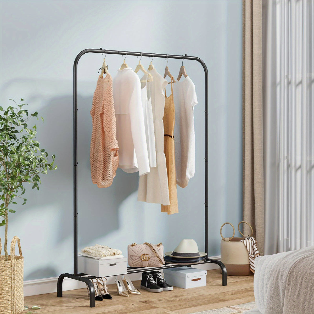 Heavy Duty Portable Clothes Rack with Bottom Metal Shelf – Large Capacity Coat & Shirt Organizer, Easy Assembly, 39.5" x 61.3", Black White Grey Gold