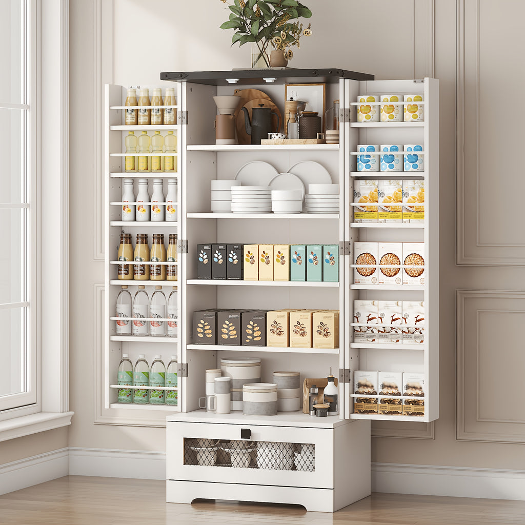 55 Inch Pantry Cabinet Kitchen Storage Cabinet with Adjustable Shelves and Drawer Wooden Buffet Cupboard for Kitchen Living Room Bathroom Dining Room Black White Brown