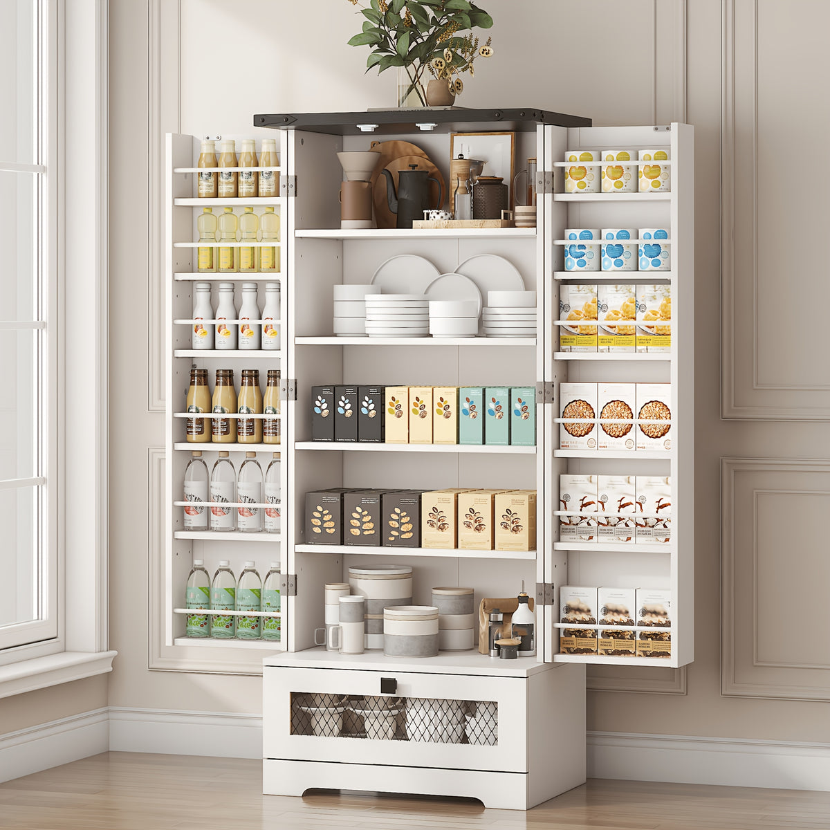 55 Inch Pantry Cabinet Kitchen Storage Cabinet with Adjustable Shelves and Drawer Wooden Buffet Cupboard for Kitchen Living Room Bathroom Dining Room Black White Brown