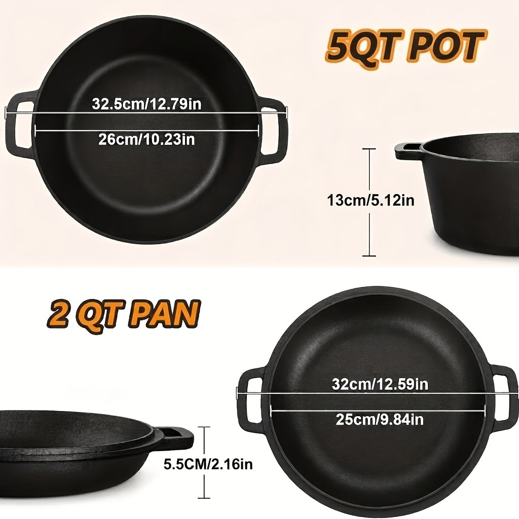 Cast Iron Dutch Oven Set 2-in-1 5.1QT Dutch Oven and 1.9QT Skillet Lid with Accessories Induction Oven Campfire Safe Holiday Cooking Kit for Soups Stews Baking Frying Camping BBQ