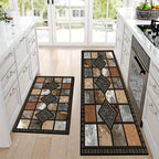 Vintage Plaid Kitchen Mat Set 2 Piece Brown Absorbent Non-Slip Fast Drying Machine Washable Floor Mats for Bathroom Kitchen Hallway Laundry Room