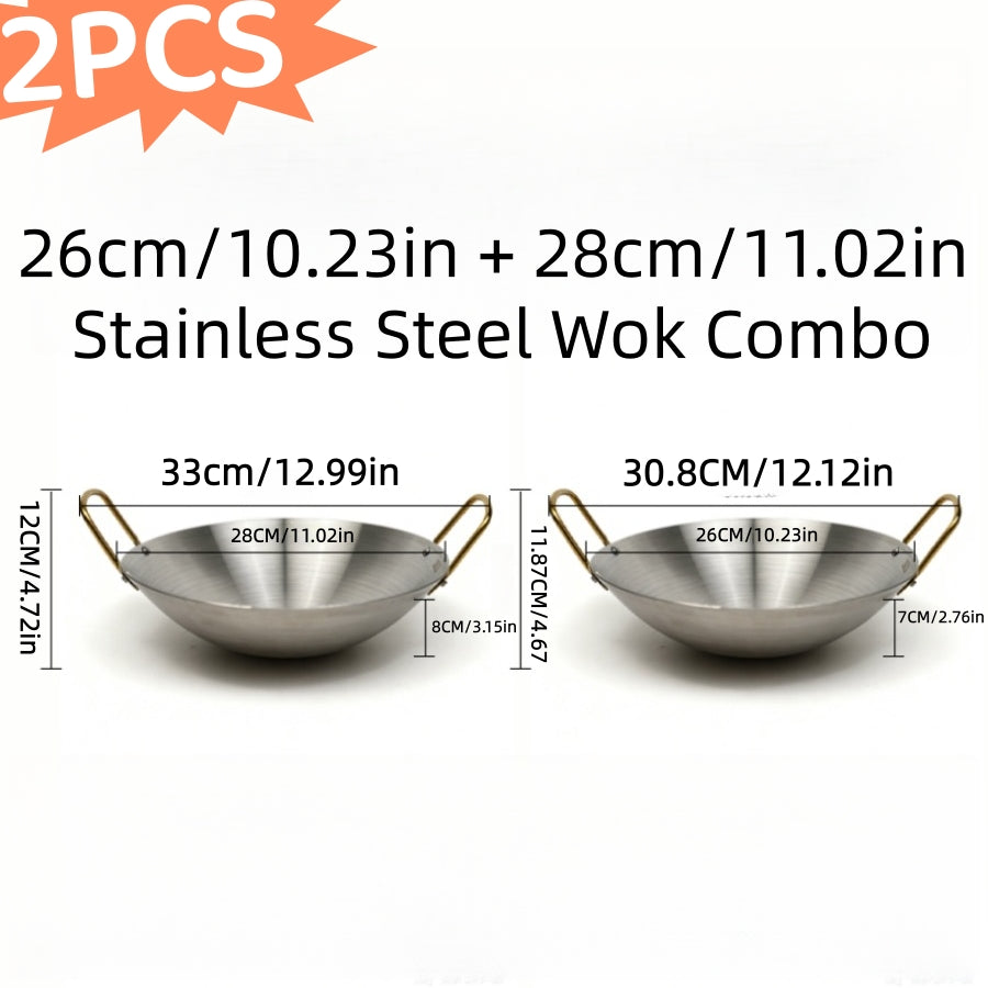 Stainless Steel Wok Set 2-Piece 10 Inch & 11 Inch Non-Stick Dishwasher Safe Woks for Home Kitchen Outdoor Camping BBQ Stir Fry Sauté Pan Combo