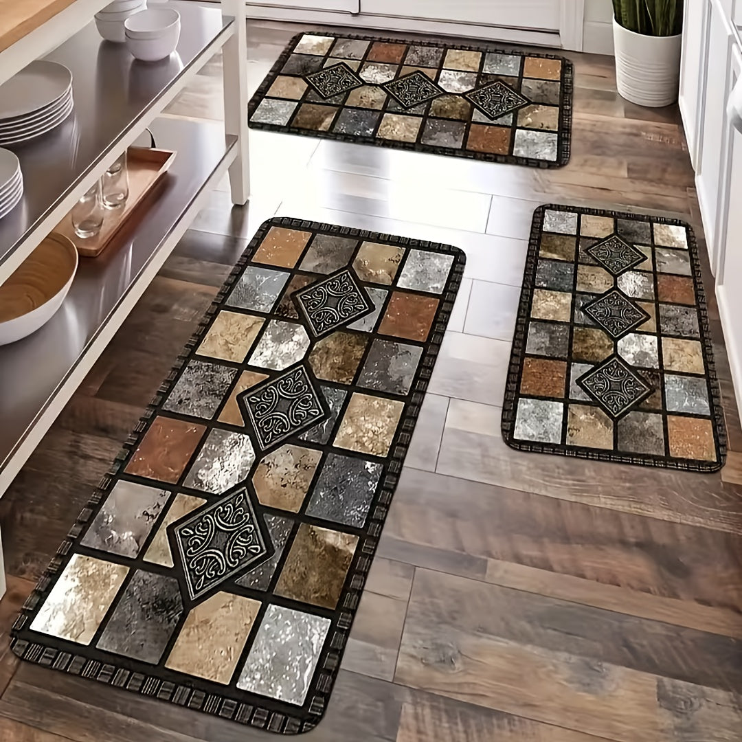 Vintage Plaid Kitchen Floor Mat Set – Diatom Mud Rubber, Absorbent, Non-Slip, Fast Drying, Machine Washable | Kitchen, Bathroom & Hallway | 2-Piece & 3-Piece | Nuvia Haven