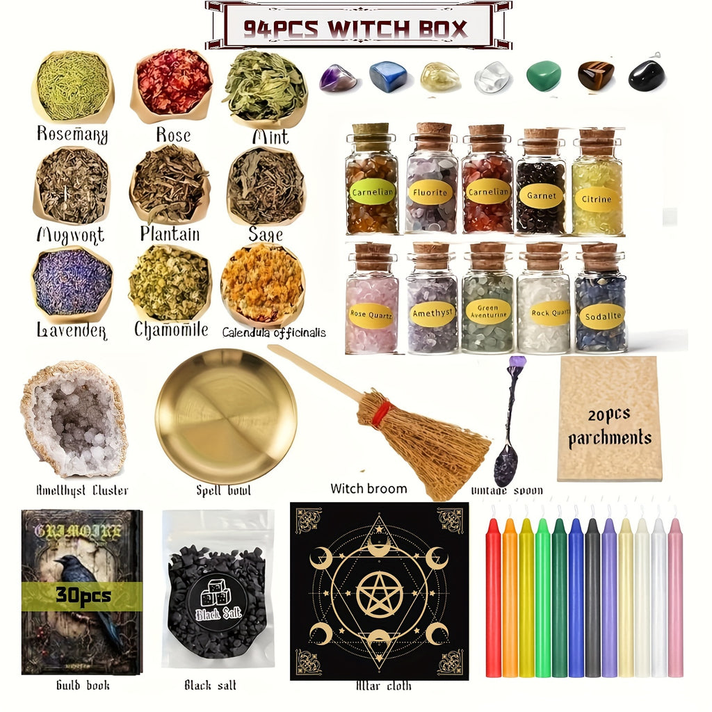Witchcraft Supplies Kit for Spells – 94 / 130pcs Witch Box with Pink Candles, Wiccan Tools & Beginner Pagan Ritual Set | Halloween