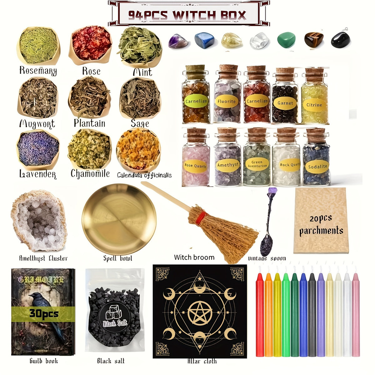 Witchcraft Supplies Kit for Spells – 94 / 130pcs Witch Box with Pink Candles, Wiccan Tools & Beginner Pagan Ritual Set | Halloween