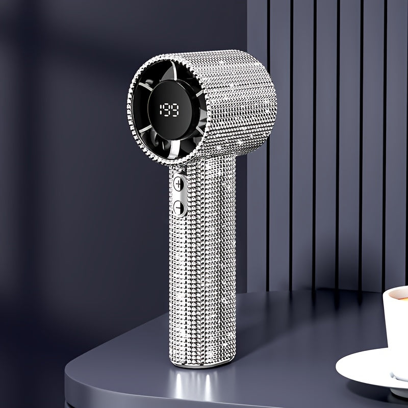 Luxury Diamond Handheld Mini Fan USB Rechargeable 199-Speed Portable Turbo Fan – Personal Cooling for Travel, Office, Outdoor, Camping & Home Summer Use