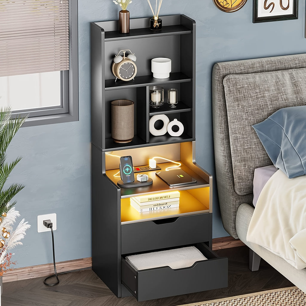 Tall Nightstand with LED Lights & Charging Station | 2 Drawers, Bookshelf & Storage Shelves, 50" Bedside End Table – Gray & Black