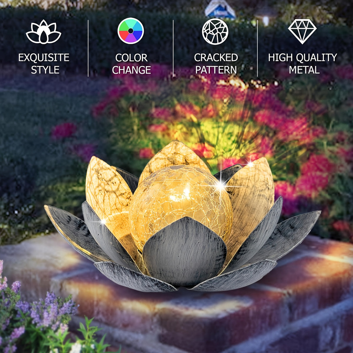 Solar Lotus Flower Garden Light with Cracked Glass Globe & LED Beads, Waterproof Outdoor Stake Light for Patio, Lawn, Steps & Yard, Auto Dusk-to-Dawn, Black White Solar Decorative Landscape Light