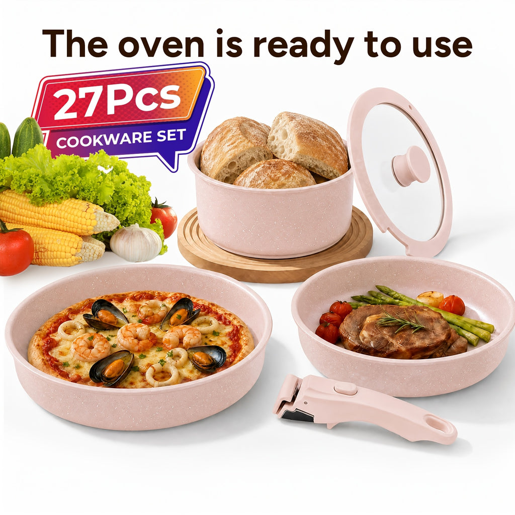 Nonstick Cookware Set 27 Piece with Removable Handles Non-Toxic Induction Compatible Oven and Dishwasher Safe Frying Pans Sauce Pans Complete Kitchen Cooking Set Beige Pink