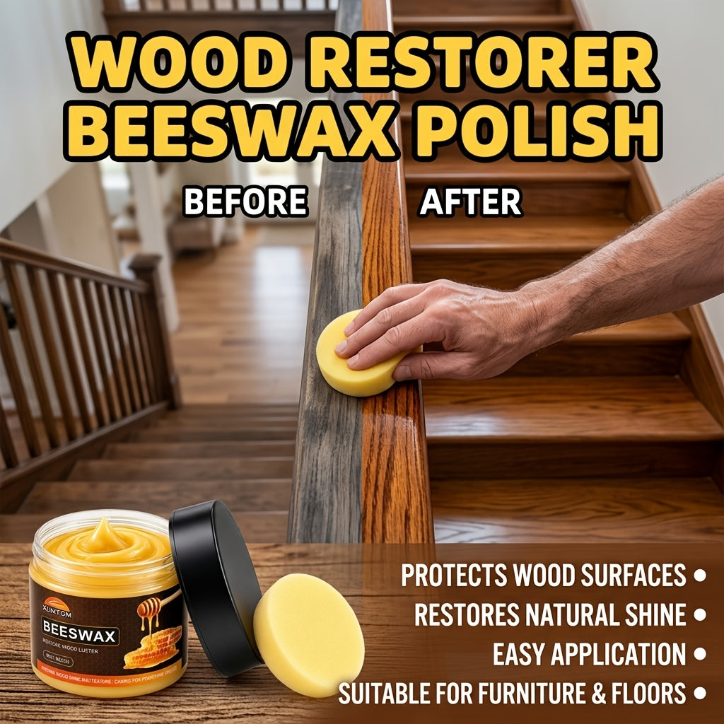 Wood Beeswax Protector Polish with Polishing Sponge – Non-Greasy Formula Boosts Gloss & Durability for Cabinets, Stairs, Cutting Boards & Hardwood Furniture
