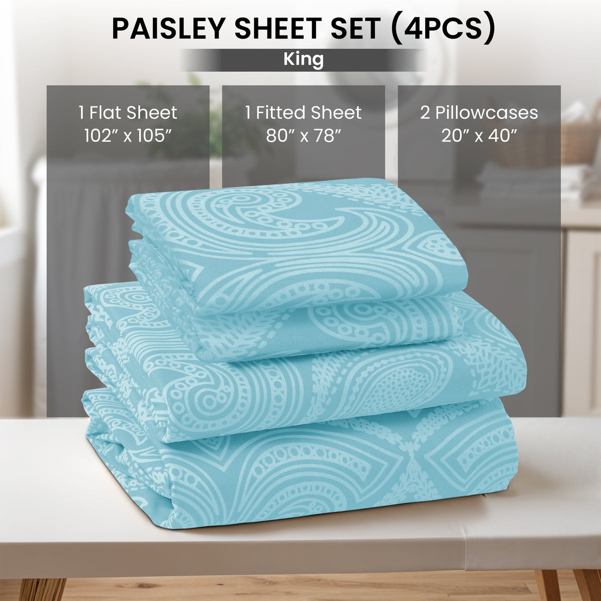 Paisley Bed Sheet Sets Queen King Twin Full Cal King – Soft Brushed Microfiber Deep Pocket Fitted Sheet & Pillowcases, Wrinkle Free