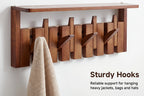 Wall Mounted Coat Rack Foldable Hooks Solid Rubberwood 6 or 8 Hooks 22 lbs Capacity Floating Shelf Dual Installation Drilling or Adhesive for Entryway Bedroom Bathroom Living Room