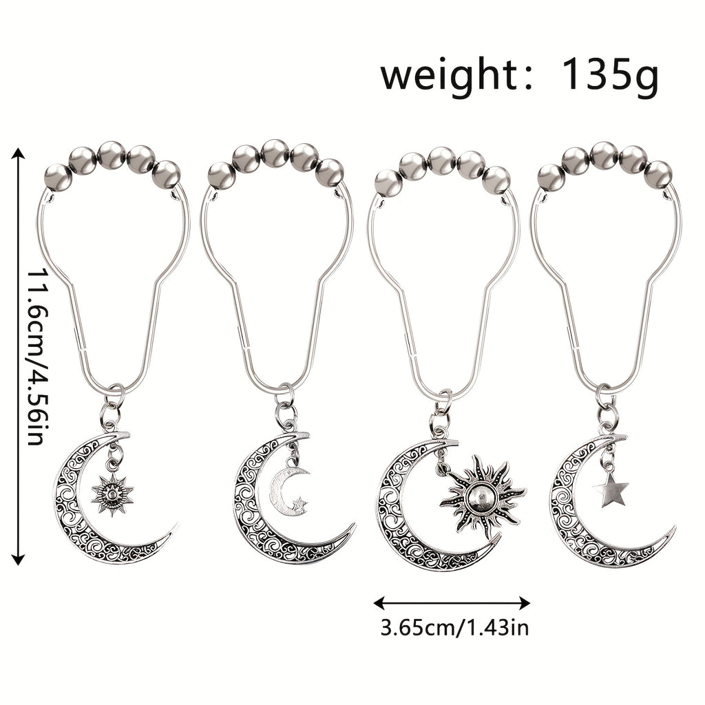 Crescent Shower Curtain Hooks 12 Pack - Silvery Moon Design Cast Iron Rust-Resistant Decorative Curtain Rings, Easy Install for Bathroom Kitchen & Standard Shower Rods